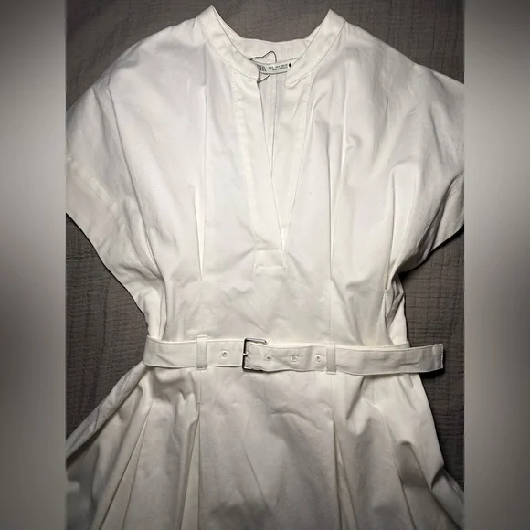 ZARA White Belted Mini Dress Pleated Short Sleeve Size S - Picture 8 of 15